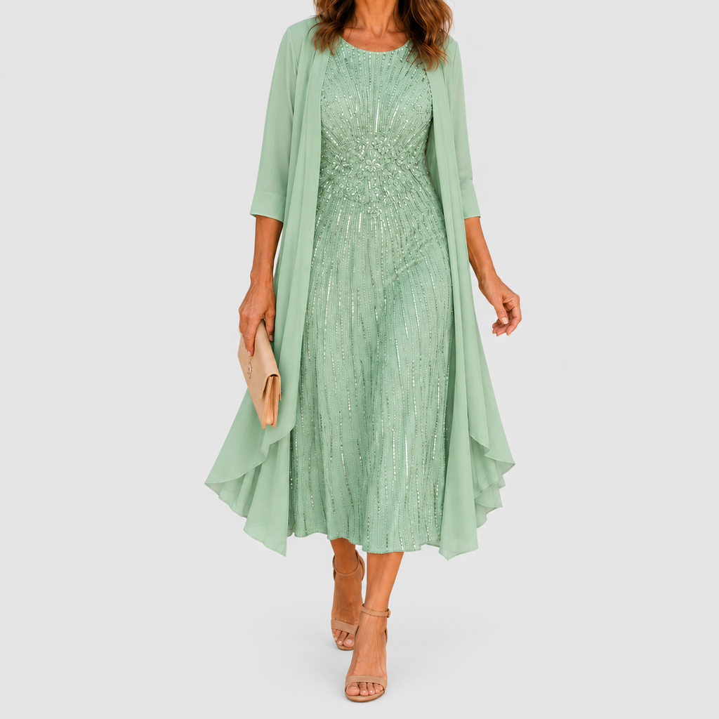 Women's Sequin Midi Occasion Dress with Draped Overlay in Green — view 4