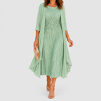 Women's Sequin Midi Occasion Dress with Draped Overlay in Green — view 4