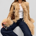 Women's Open-Front Jacket with Fluffy Trim in Light Brown — view 1