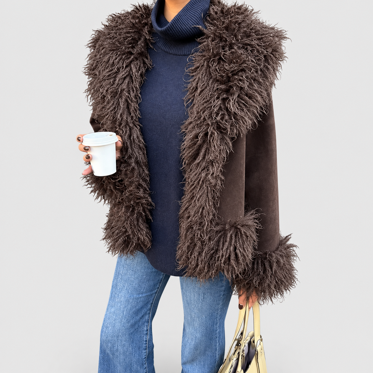 Women's Open-Front Jacket with Fluffy Trim in Brown — view 4