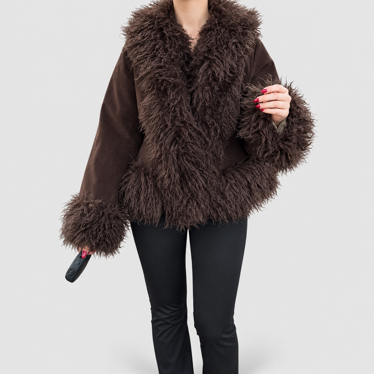 Women's Open-Front Jacket with Fluffy Trim in Brown — view 6