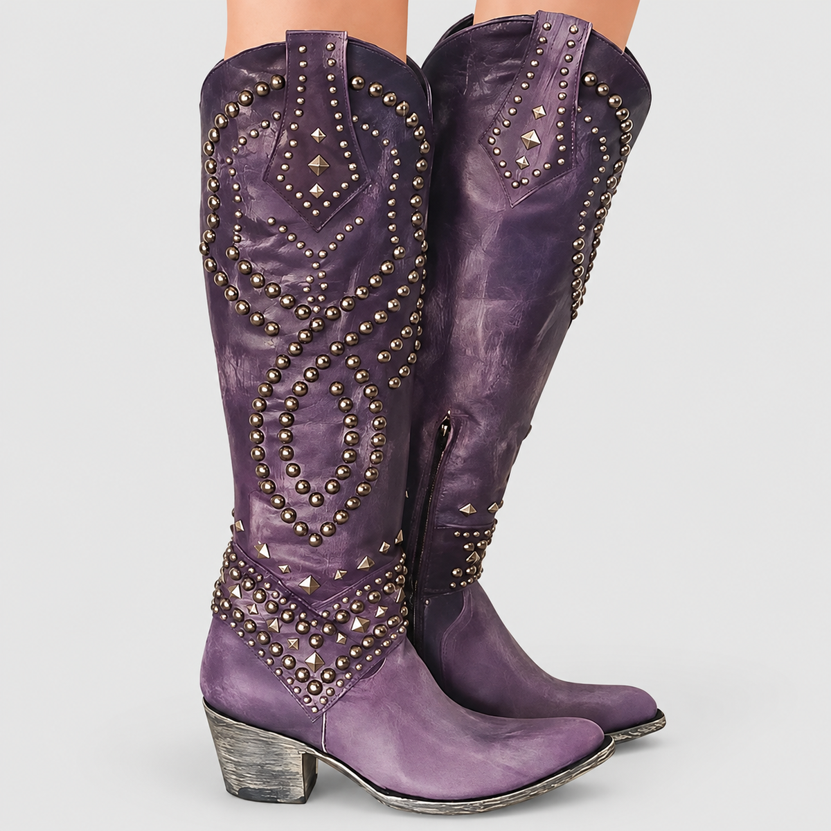 Women's Studded Knee-High Western Boots with Block Heel in Purple — view 1
