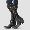 Women's Studded Knee-High Western Boots with Block Heel in Black — view 3