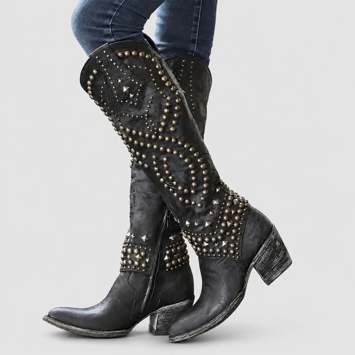 Women's Studded Knee-High Western Boots with Block Heel in Black — view 3