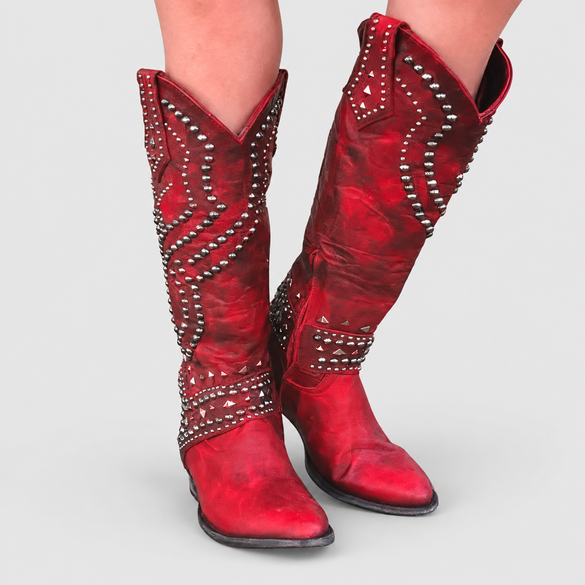 Women's Studded Knee-High Western Boots with Block Heel in Red — view 4