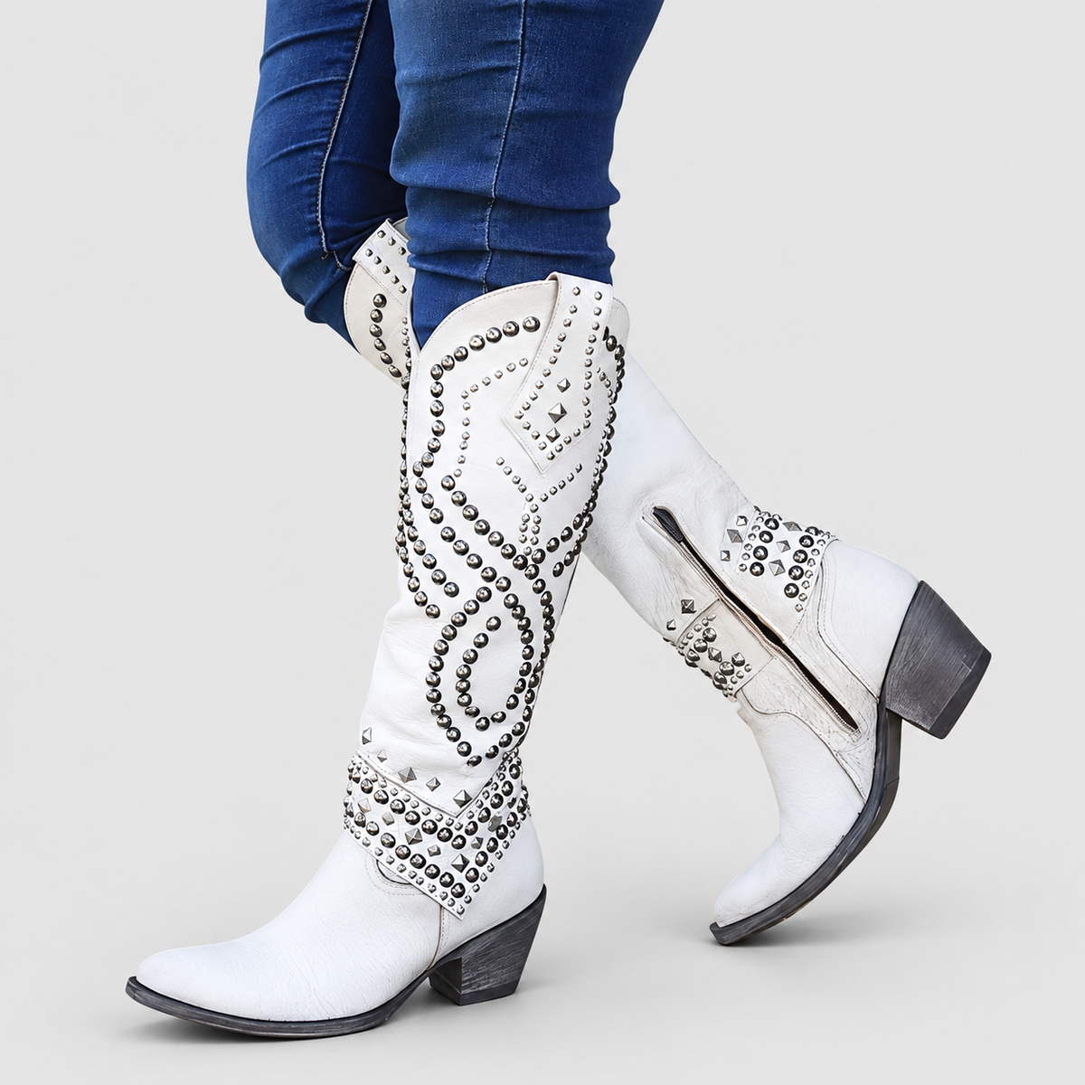 Women's Studded Knee-High Western Boots with Block Heel in White — view 5