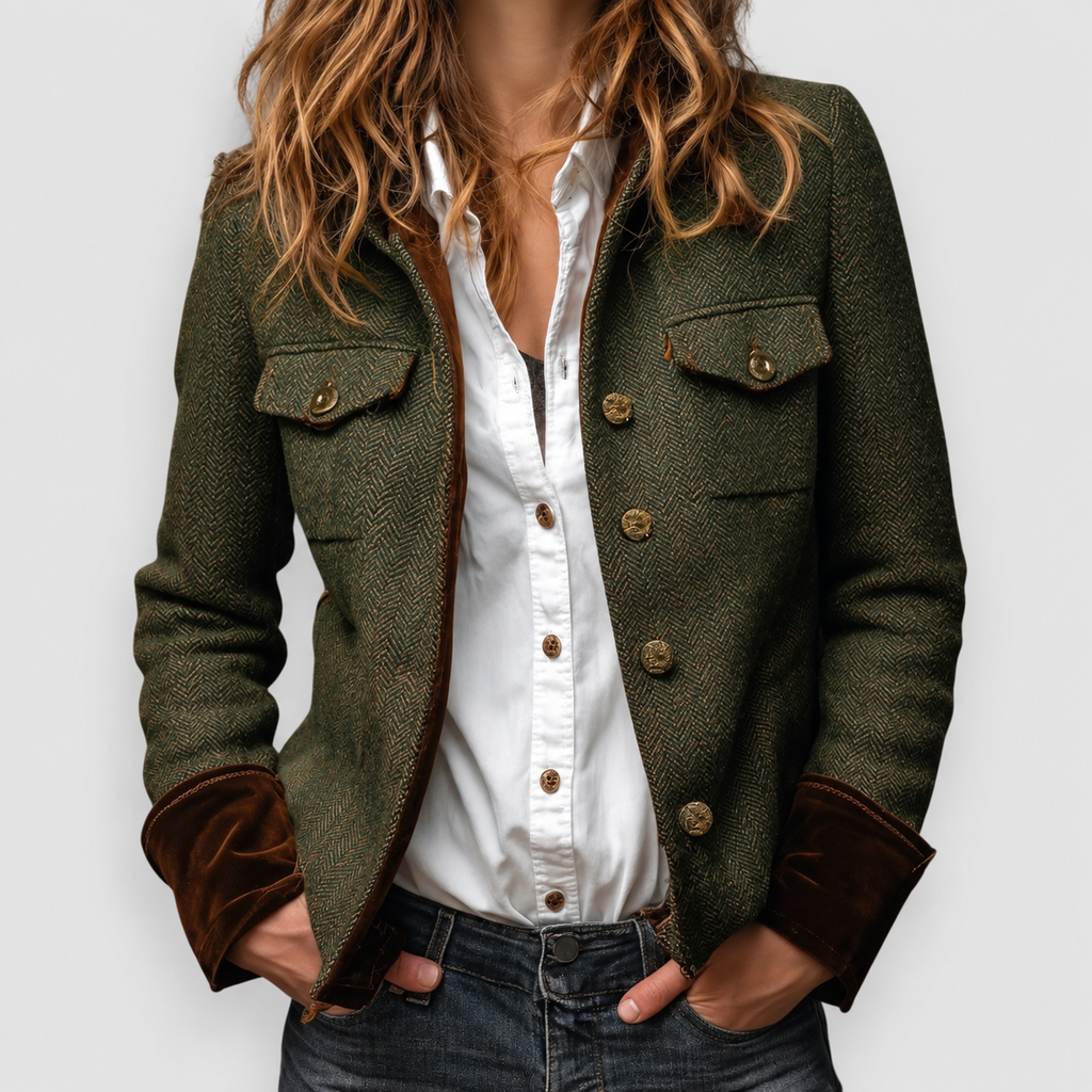 Women's Herringbone Tweed Utility Jacket with Gold-Tone Buttons in Army Green — view 1