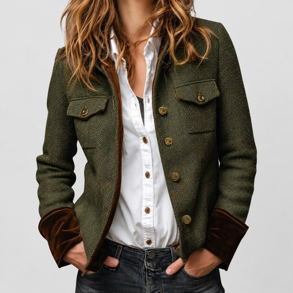 Women's Herringbone Tweed Utility Jacket with Gold-Tone Buttons — view 2