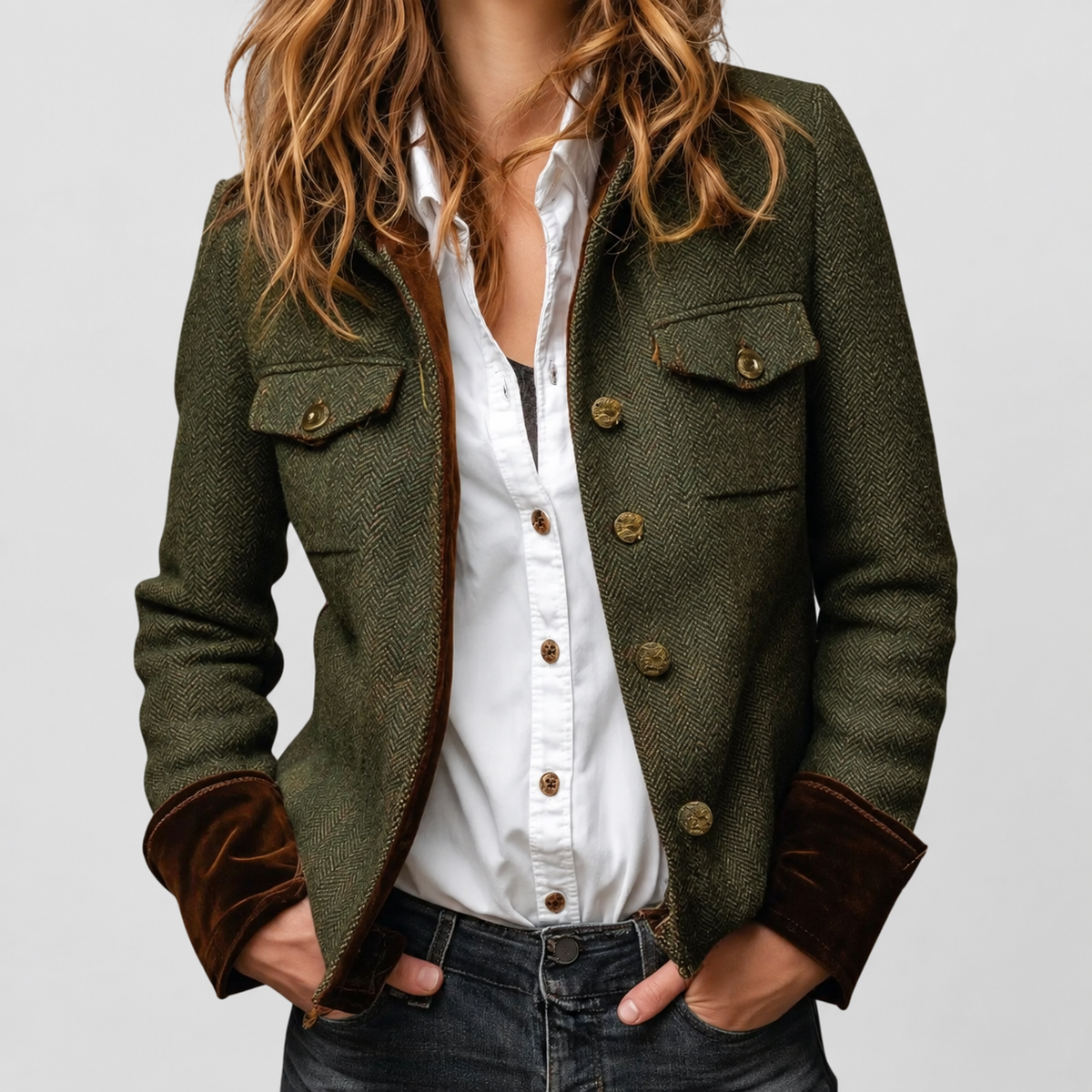 Women's Herringbone Tweed Utility Jacket with Gold-Tone Buttons — view 2