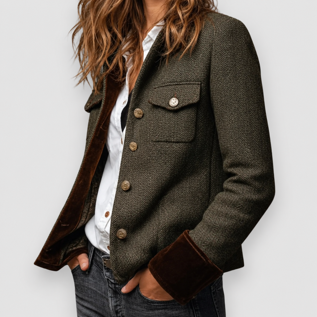 Women's Herringbone Tweed Utility Jacket with Gold-Tone Buttons — view 4