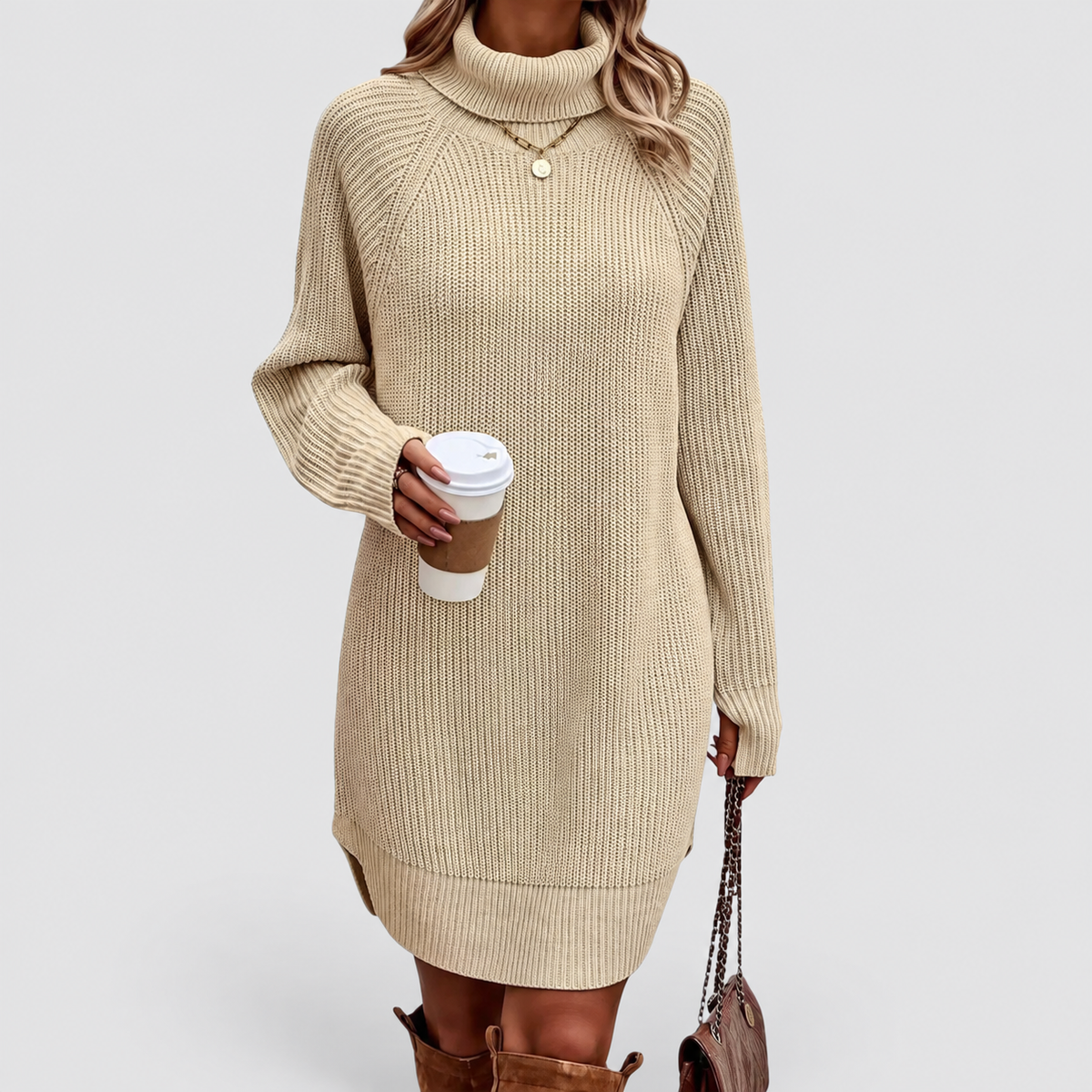 Women's Ribbed Roll-Neck Jumper Dress in Khaki — view 1