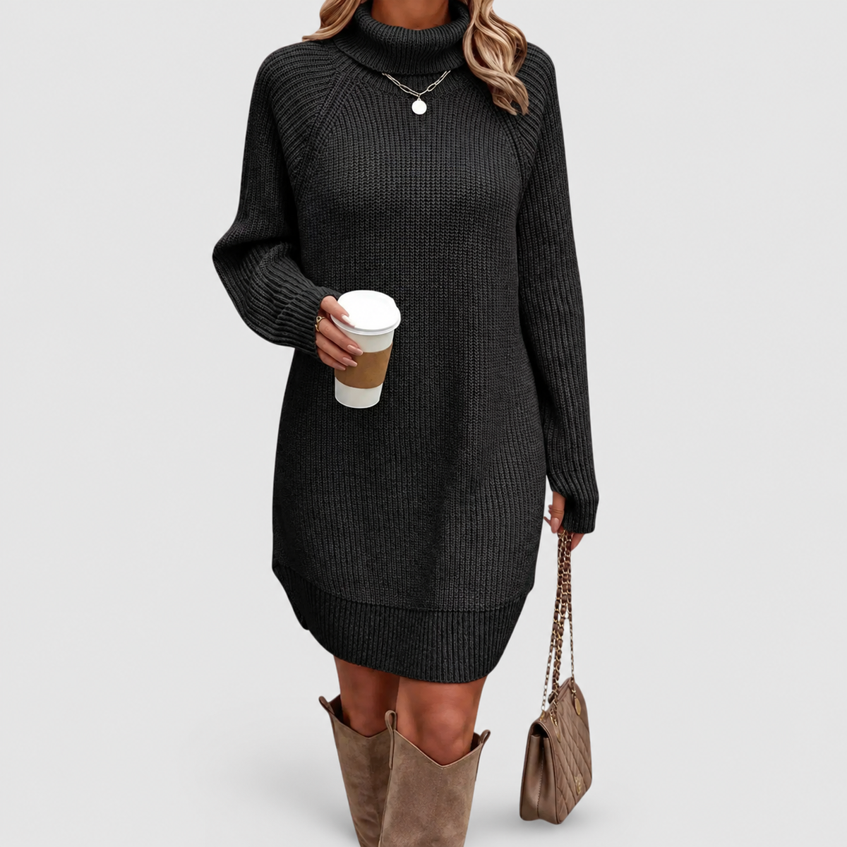 Women's Ribbed Roll-Neck Jumper Dress in Black — view 2