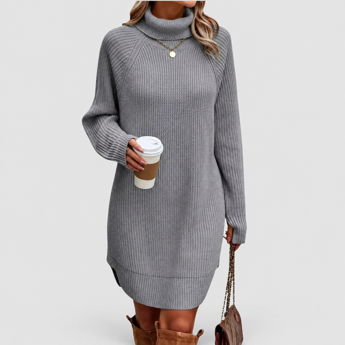 Women's Ribbed Roll-Neck Jumper Dress in Grey — view 3