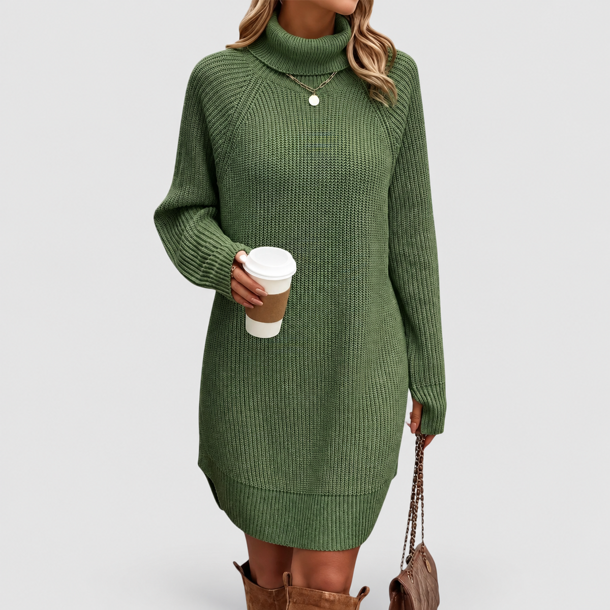 Women's Ribbed Roll-Neck Jumper Dress in Green — view 4