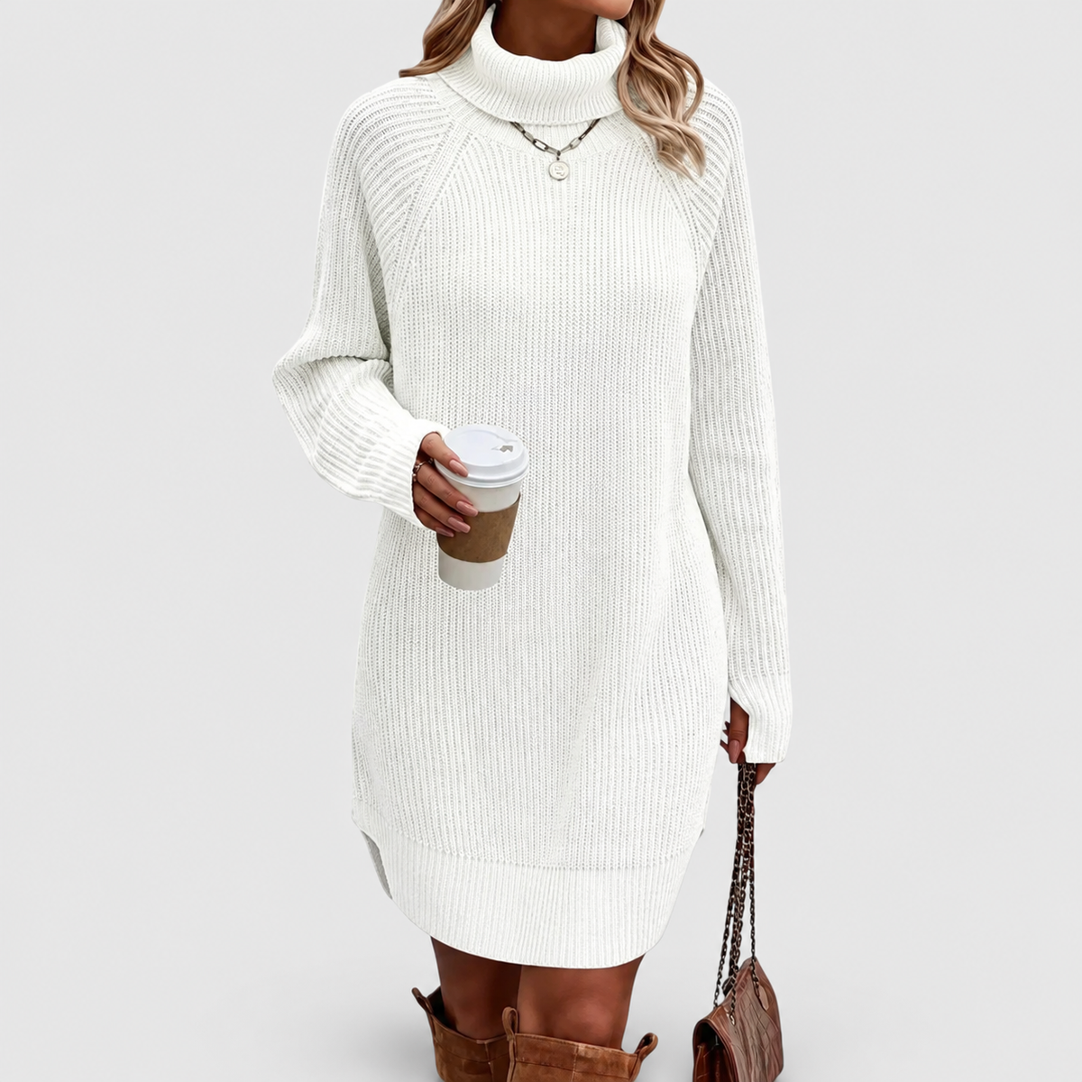 Women's Ribbed Roll-Neck Jumper Dress in White — view 5