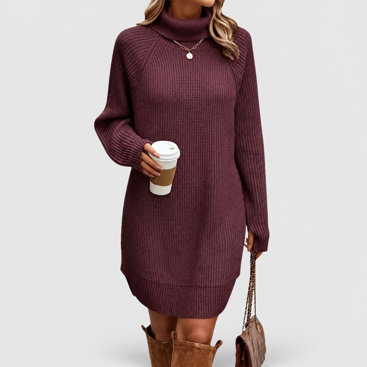 Women's Ribbed Roll-Neck Jumper Dress in Purple — view 6