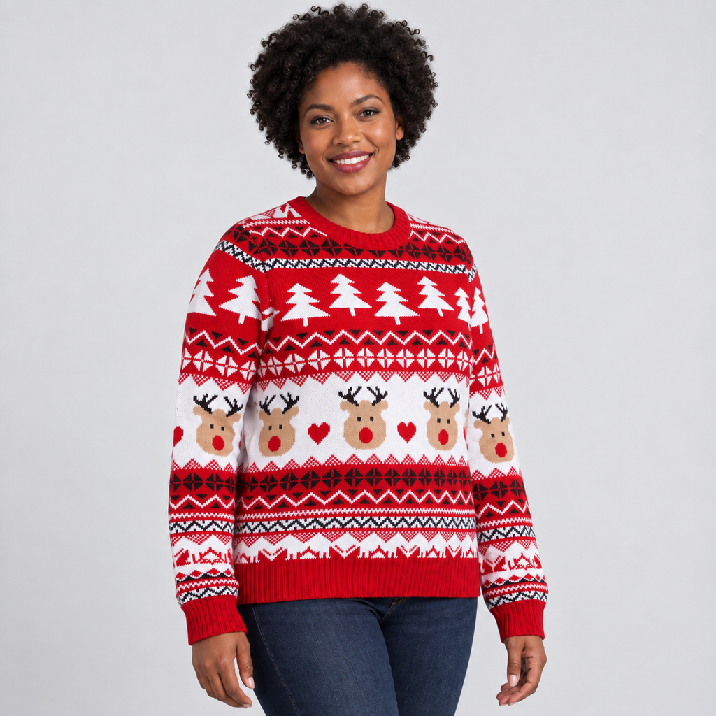 Fair Isle Christmas Jumper with Reindeer and Trees in red — three-quarter view