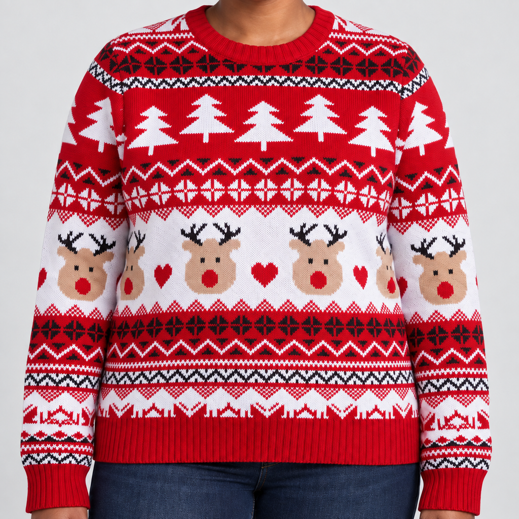 Fair Isle Christmas Jumper with Reindeer and Trees in red — knit and neckline detail