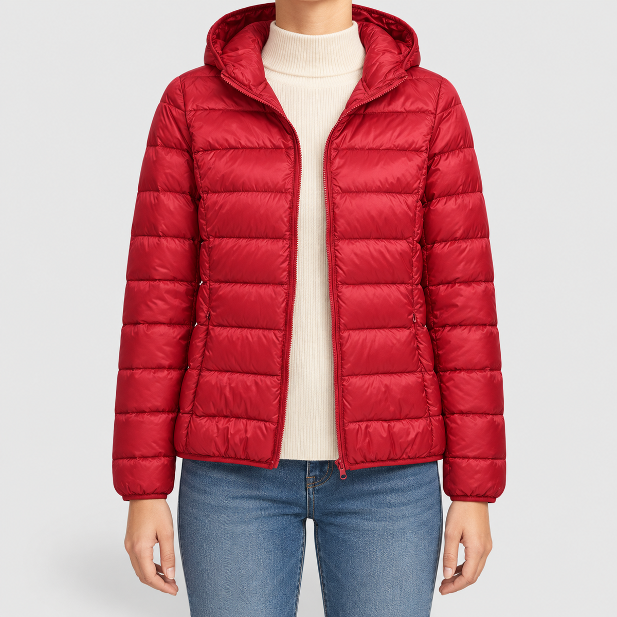 Women's Lightweight Hooded Quilted Jacket in Red — view 5