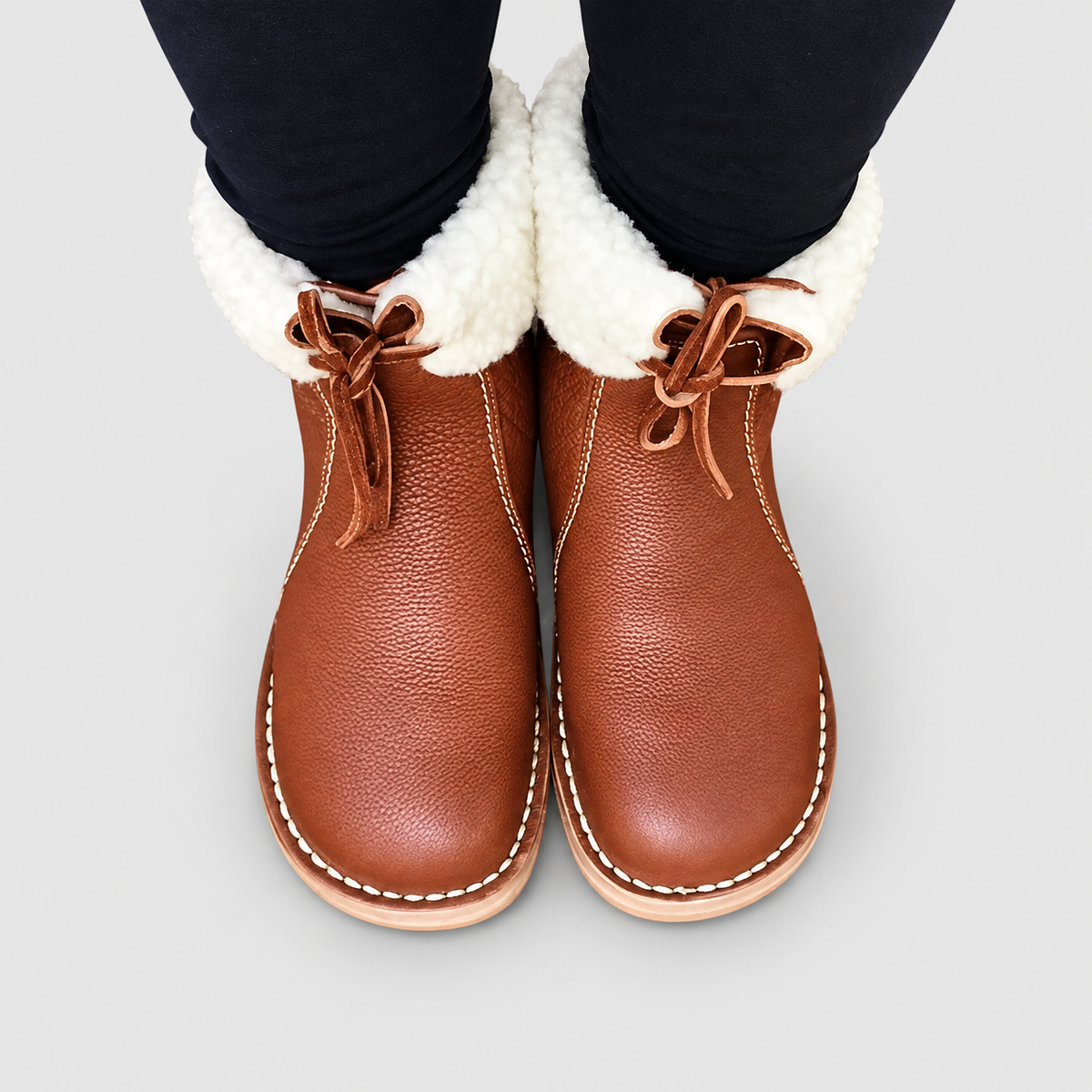 Women's Plush-Cuff Winter Boots with Drawstring Detail in Light Brown — view 9