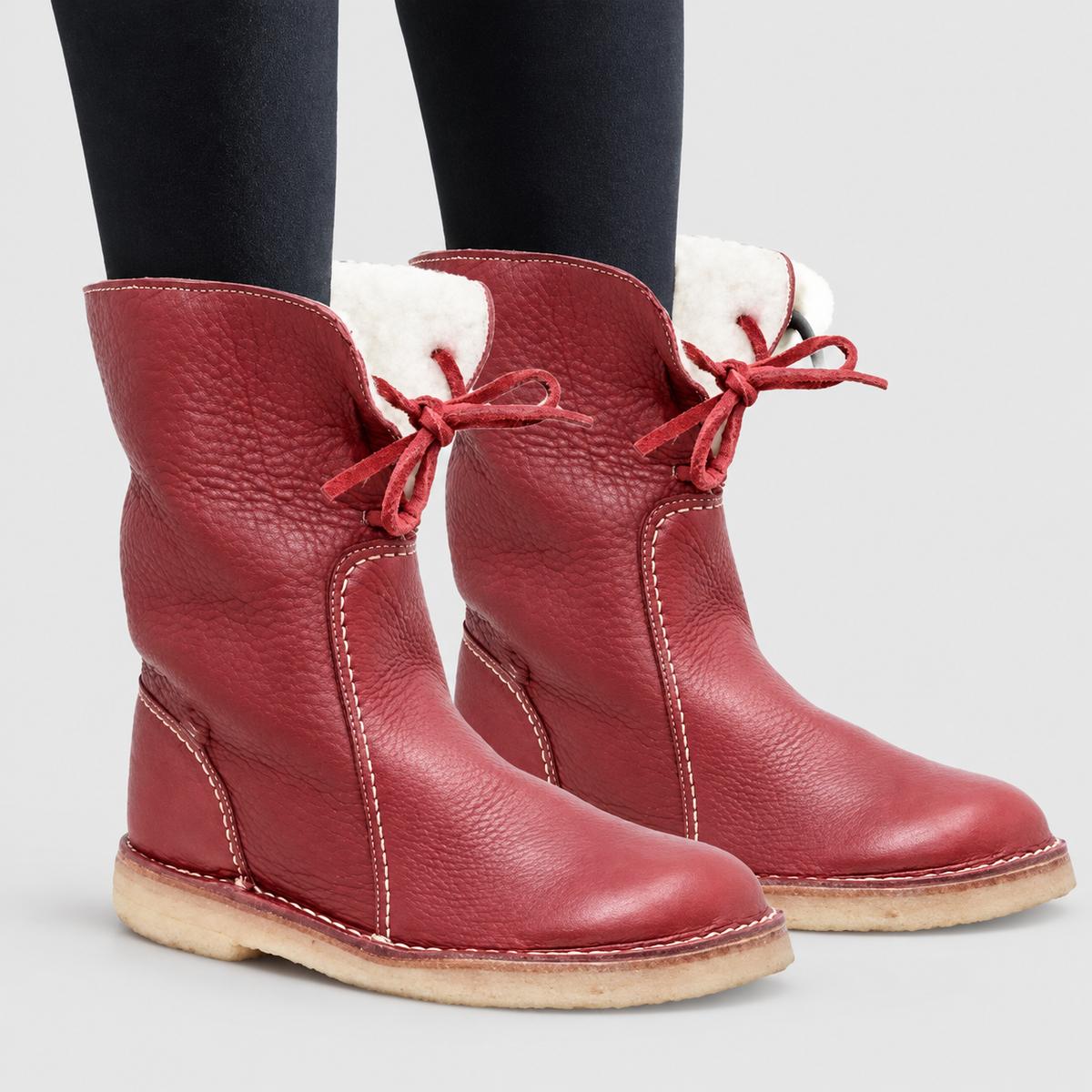Women's Plush-Cuff Winter Boots with Drawstring Detail in Red — view 10