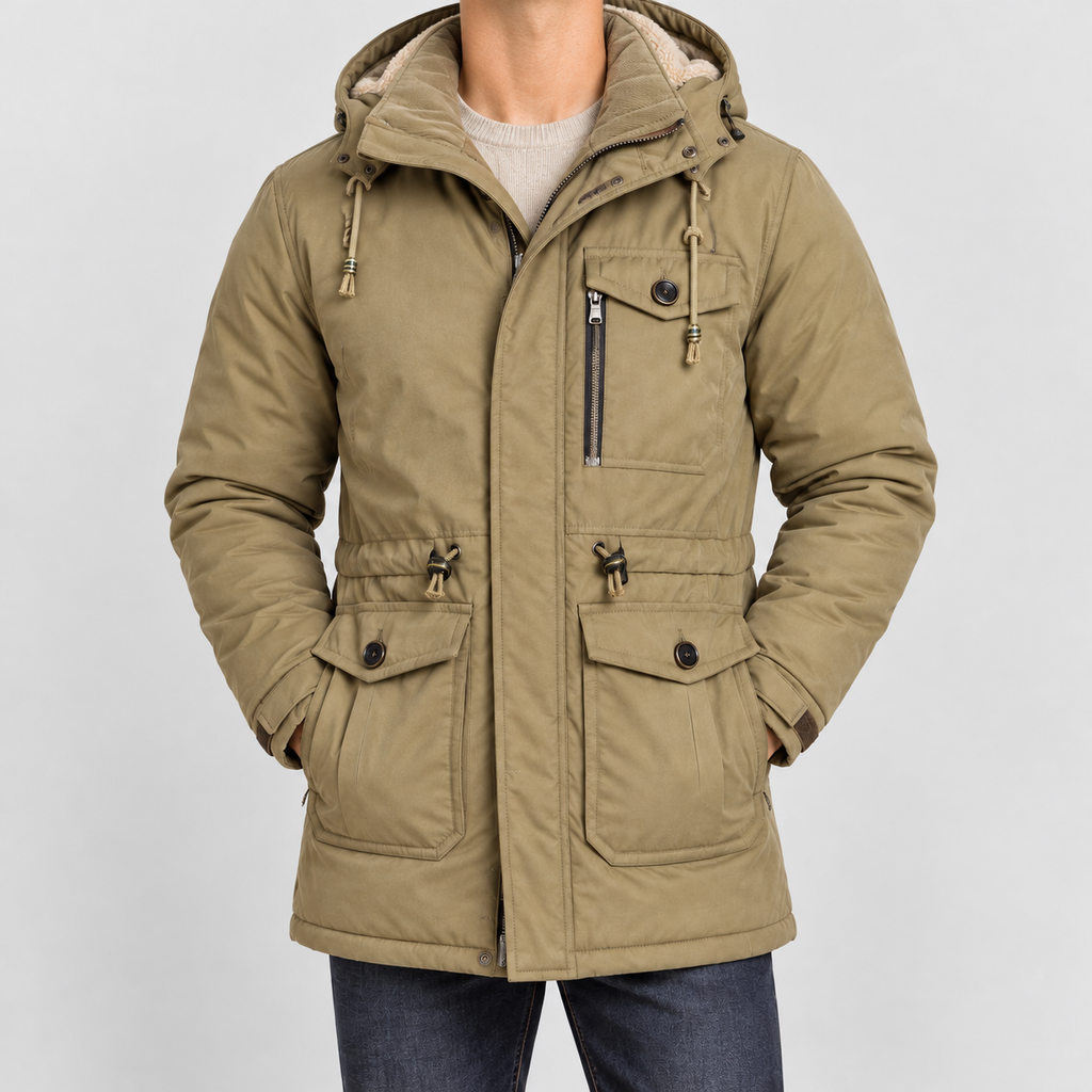 Men's Fleece-Lined Parka with Detachable Hood and Flap Pockets in Khaki — view 1