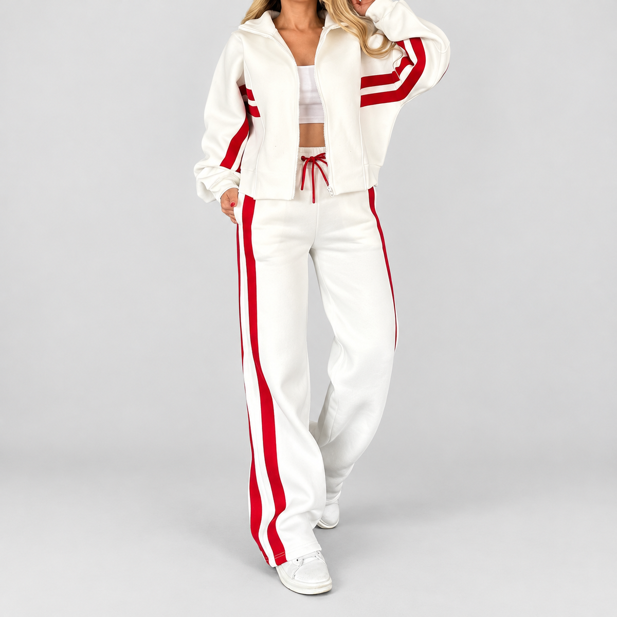 Women's Zip-Up Tracksuit Two-Piece Set with Stripes in White — view 1