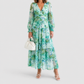 Women's Printed V-Neck Maxi Dress with Tiered Skirt in Green — view 1