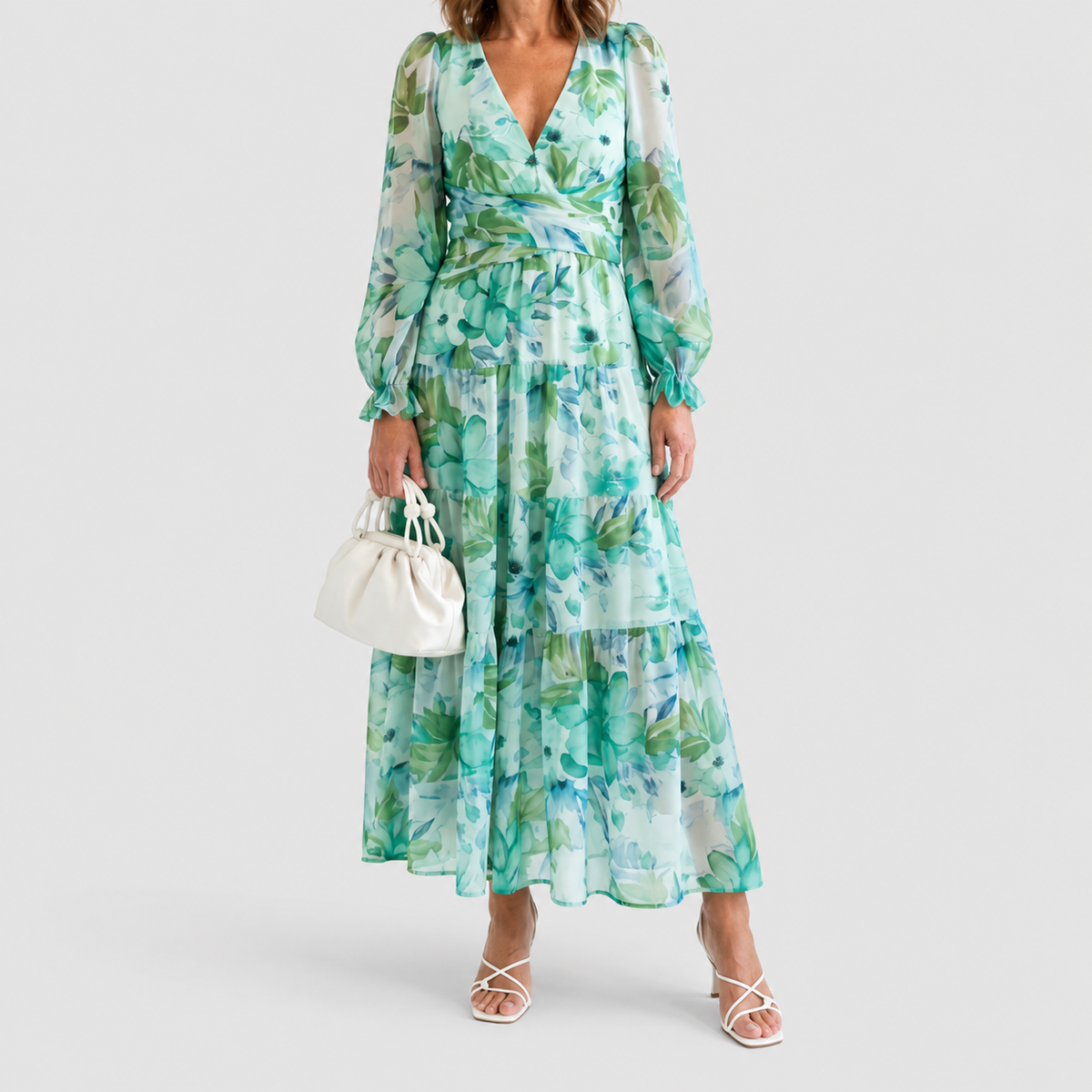 Women's Printed V-Neck Maxi Dress with Tiered Skirt in Green — view 1