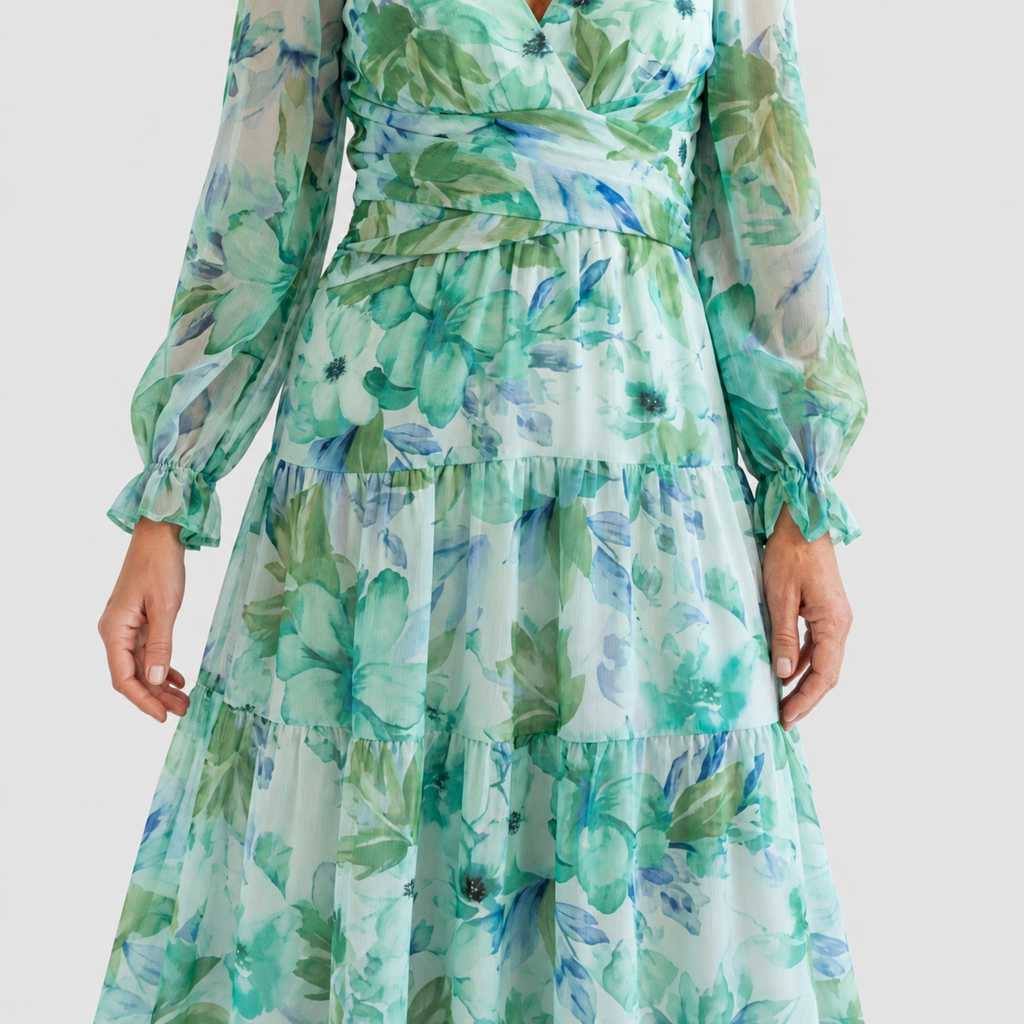 Women's Printed V-Neck Maxi Dress with Tiered Skirt — view 2