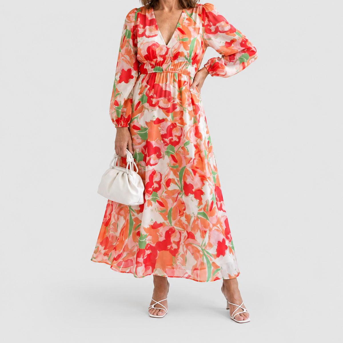 Women's Printed V-Neck Maxi Dress with Tiered Skirt in Orange — view 5