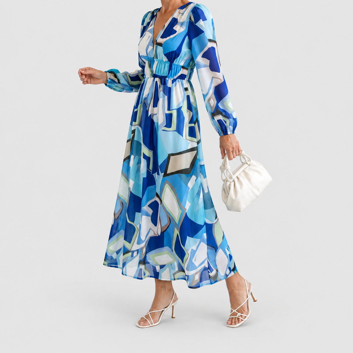 Women's Printed V-Neck Maxi Dress with Tiered Skirt in Blue — view 8