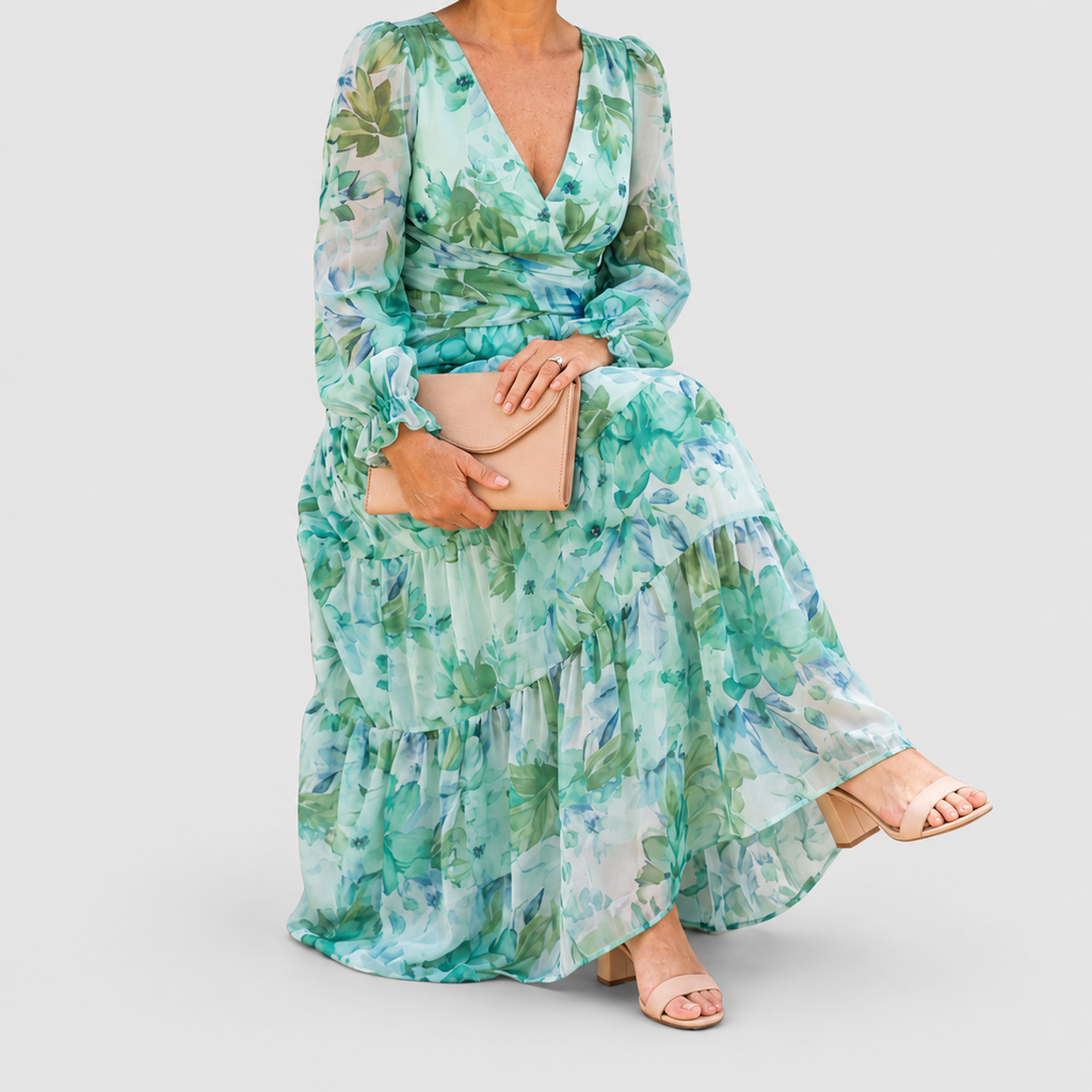 Women's Printed V-Neck Maxi Dress with Tiered Skirt — view 11