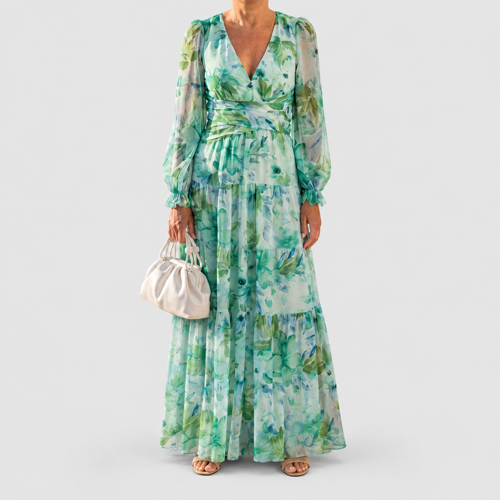 Women's Printed V-Neck Maxi Dress with Tiered Skirt — view 12