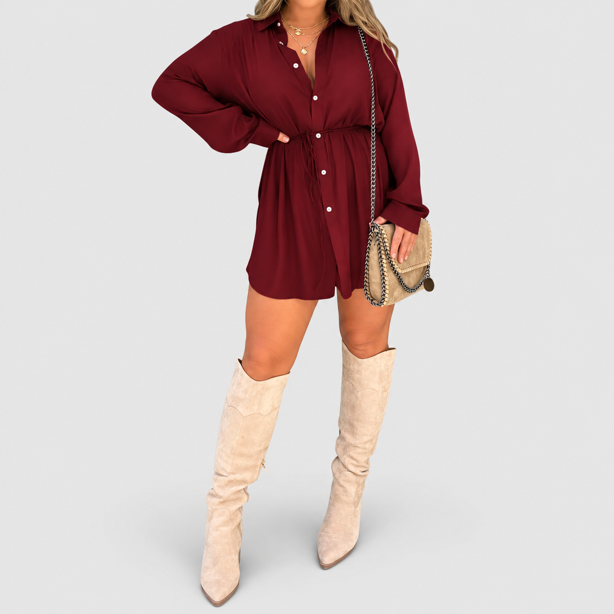 Women's Satin-Look Playsuit Dress in Wine Red — view 1