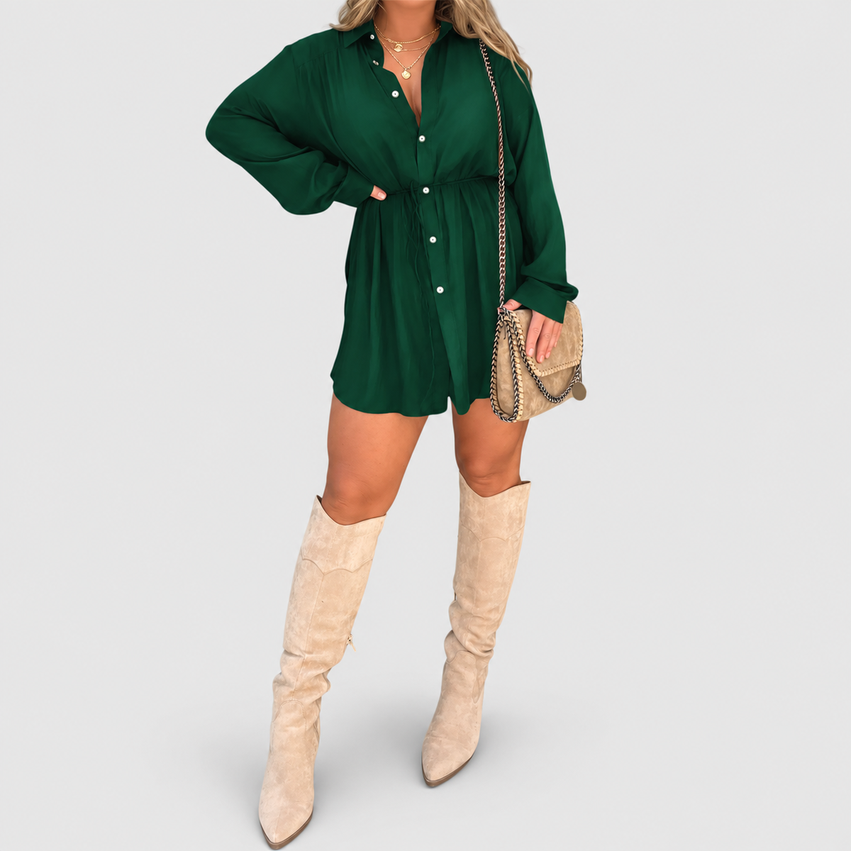 Women's Satin-Look Playsuit Dress in Green — view 11