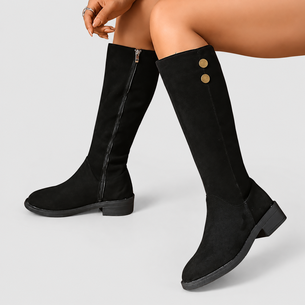 Women's Flat Faux Suede Knee-High Boots with Gold-Tone Buttons — view 3