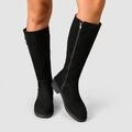 Women's Flat Faux Suede Knee-High Boots with Gold-Tone Buttons in Black — view 4