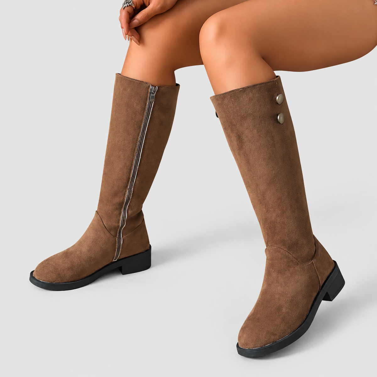 Women's Flat Faux Suede Knee-High Boots with Gold-Tone Buttons — view 5