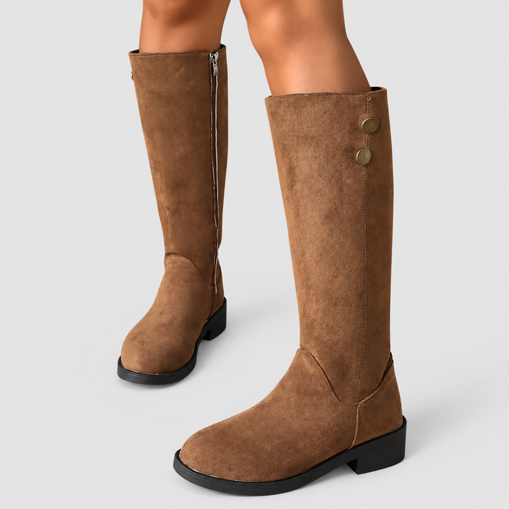Women's Flat Faux Suede Knee-High Boots with Gold-Tone Buttons in Brown — view 7