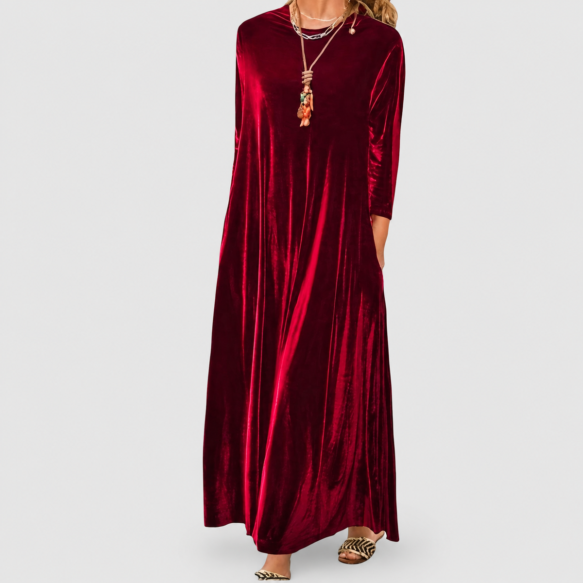 Women's Long-Sleeve Maxi Dress with Round Neck in Burgundy — view 1