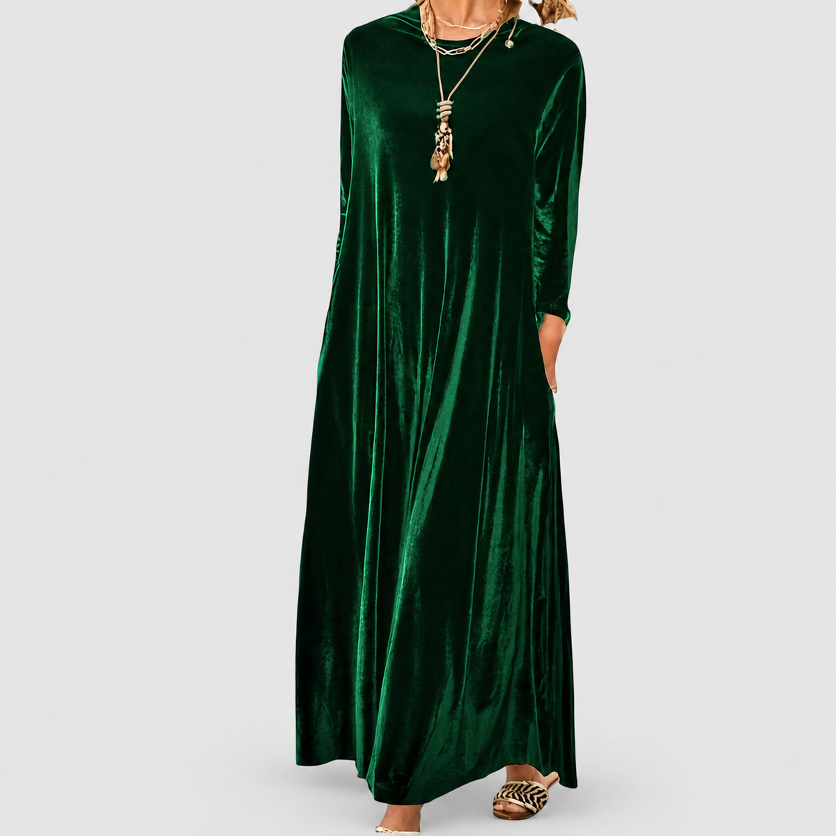 Women's Long-Sleeve Maxi Dress with Round Neck in Dark Green — view 2