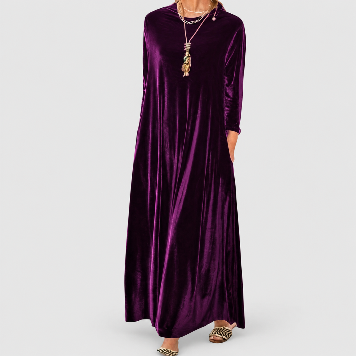 Women's Long-Sleeve Maxi Dress with Round Neck in Purple — view 4