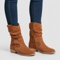 Women's Slouch Faux Suede Ankle Boots with Strap and Low Block Heel in Brown — view 1