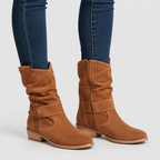 Women's Slouch Faux Suede Ankle Boots with Strap and Low Block Heel in Brown — view 1