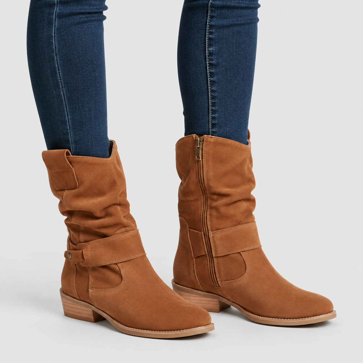 Women's Slouch Faux Suede Ankle Boots with Strap and Low Block Heel in Brown — view 1