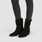 Women's Slouch Faux Suede Ankle Boots with Strap and Low Block Heel in Black — view 2