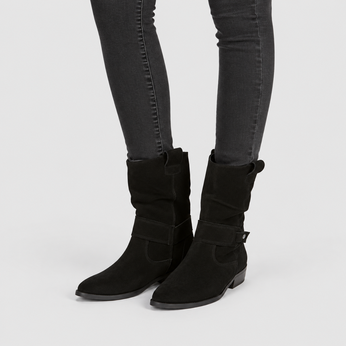 Women's Slouch Faux Suede Ankle Boots with Strap and Low Block Heel in Black — view 2