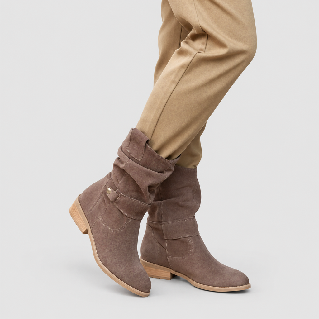 Women's Slouch Faux Suede Ankle Boots with Strap and Low Block Heel in Dark Grey — view 3