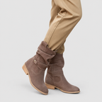 Women's Slouch Faux Suede Ankle Boots with Strap and Low Block Heel in Dark Grey — view 3